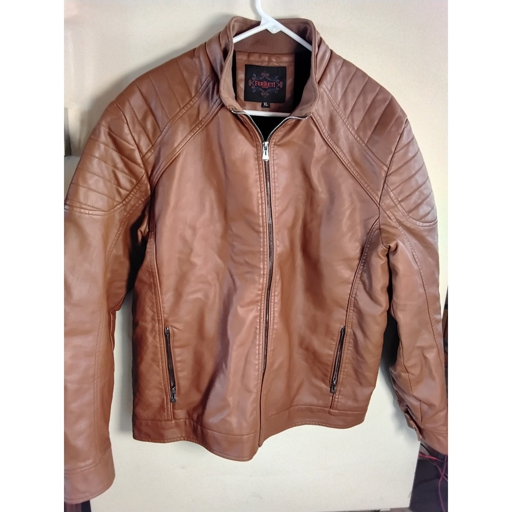 Ferretti Slim Mens Faux Leather Vtg Jacket‎ Brown Quilted XL Faux Fur Lined
